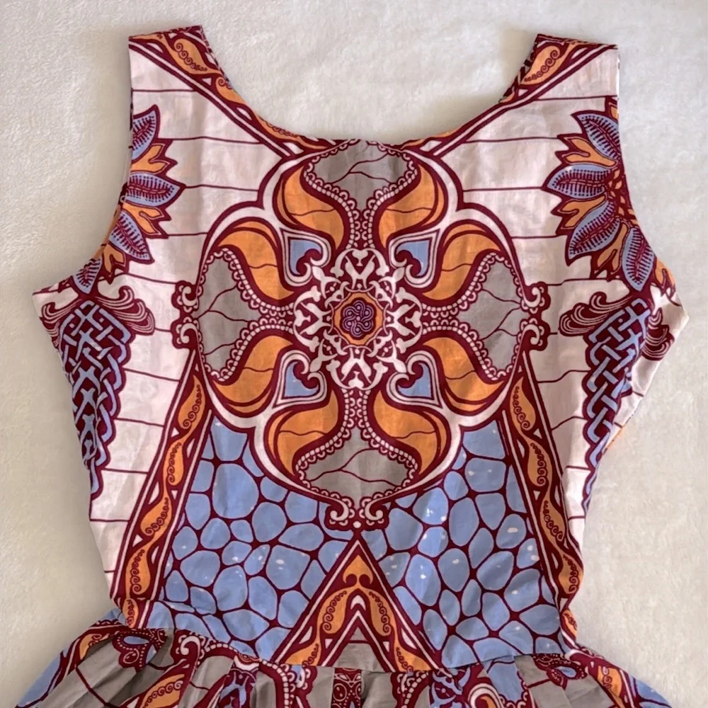 Grass-fields | African Print Sleeveless Full Skirt Mini Dress with Pockets (M) - Picture 4 of 16
